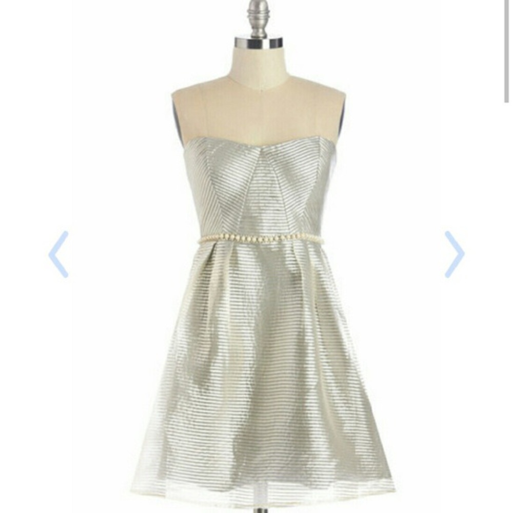 Modcloth Silver Strapless Dress with Pearls